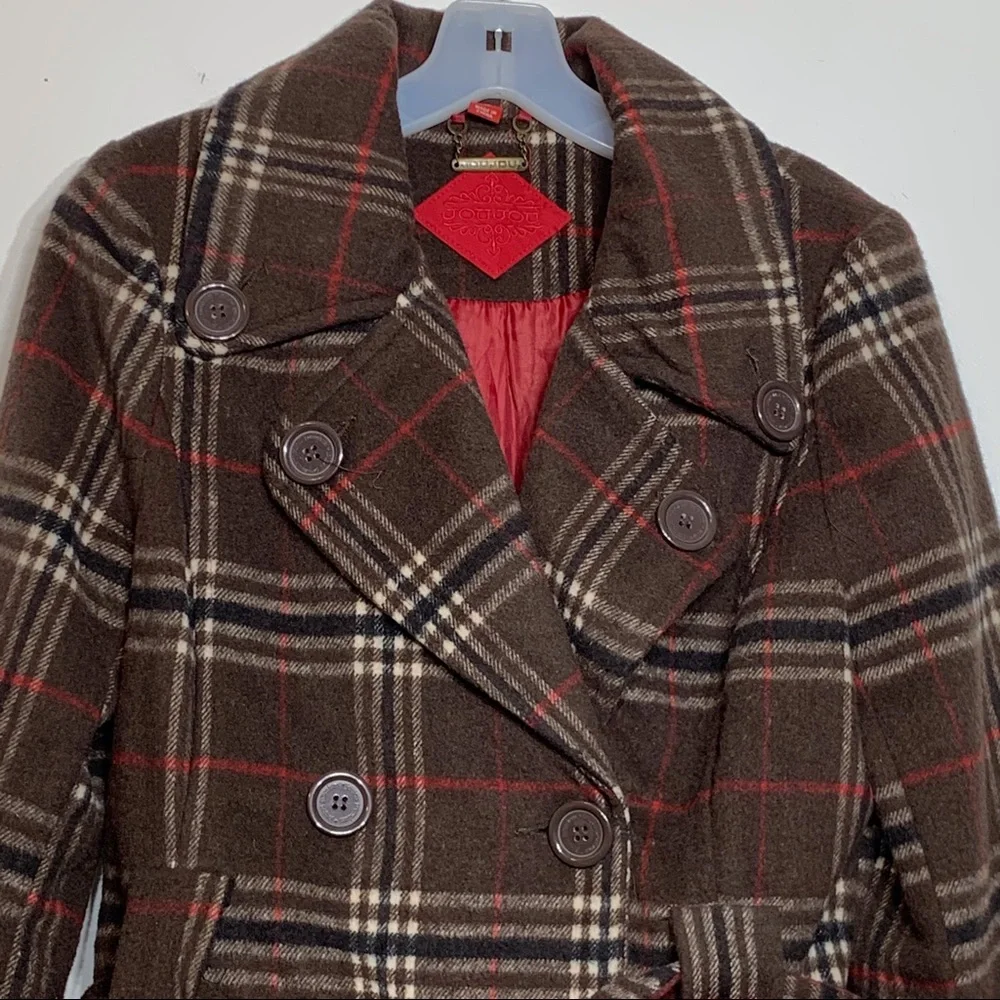 Brown Plaid Wool Blend Double Breasted Peacoat Winter Trench Coat Small